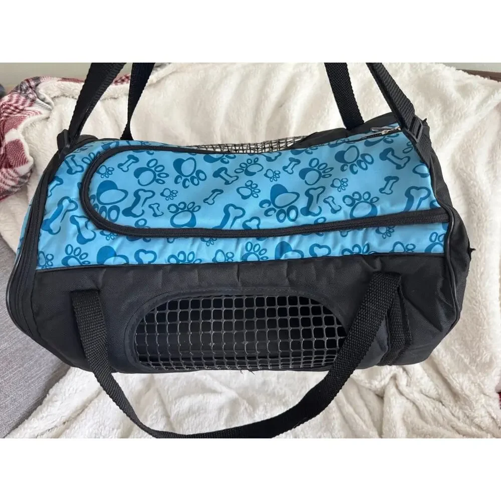 Pyaar Small Pet Carrier Blue Paw Print Mesh Travel Bag Dog/Cat 14 Inch